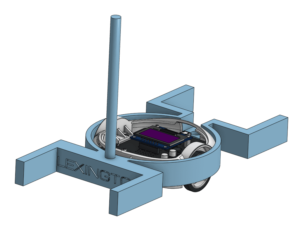 CAD model of the Pololu 3pi+ robot with its 3D-printed attachment